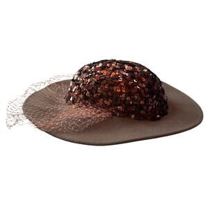 VTG 60's Coco Brown Millinery Wool Felt Sequin Tilt Cartwheel Hat Tea Party